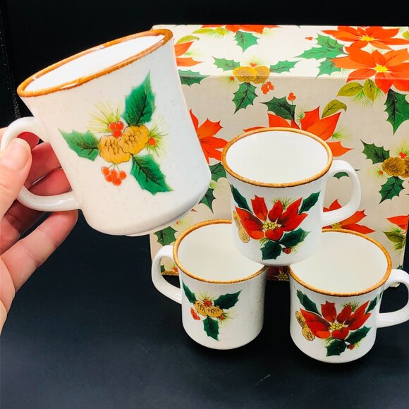 Vintage Mikasa Happy Holidays Ironstone Christmas Mugs - Set of 4 - Original Box - Picture 2 of 10